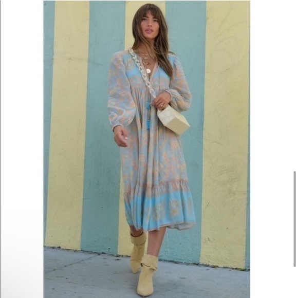 Spell Blue and Cream Ruched Ruffled Sundress - Picture 7 of 11